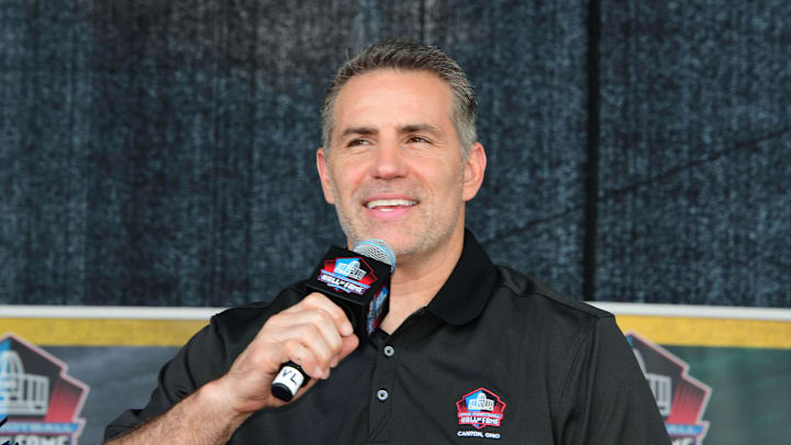 Aug 4, 2018; Canton, OH, USA; St. Louis Rams, New York Giants and Arizona Cardinals former quarterback Kurt Warner speaks on the Fan Fest stage at the Pro Football Hall of Fame. Mandatory Credit: Kirby Lee-Imagn Images