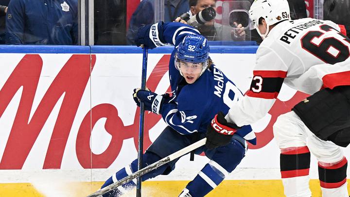 Sep 23, 2026; Toronto, Ontario, CAN;  Toronto Maple Leafs forward Gavin McKenna (92) cuts back to elude a check from Ottawa Senators forward Oskar Petterson (63) in the third period at Scotiabank Arena.  Mandatory Credit: Dan Hamilton-Imagn Images