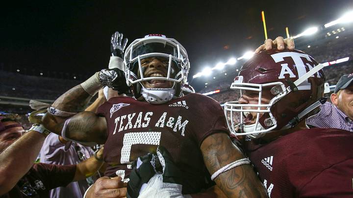 Oct 6, 2018; College Station, TX, USA; Texas A&M Aggies running back Trayveon Williams (5) celebrates after scoring a game winning touchdown in overtime against the Kentucky Wildcats at Kyle Field. Mandatory Credit: John Glaser-USA TODAY Sports