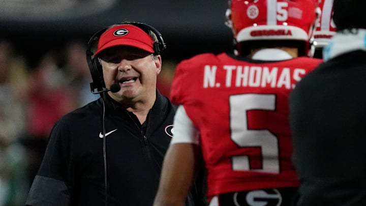 Georgia Bulldogs coach Kirby Smart on the sideline during the first half of a NCAA college football game against Alabama in Athens, Ga., on Saturday, September 27, 2025.