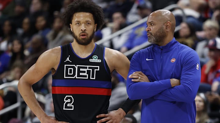 Mar 1, 2025; Detroit, Michigan, USA;  Detroit Pistons head coach J.B. Bickerstaff talks to guard Cade Cunningham (2) in the second half against the Brooklyn Nets at Little Caesars Arena. Mandatory Credit: Rick Osentoski-Imagn Images