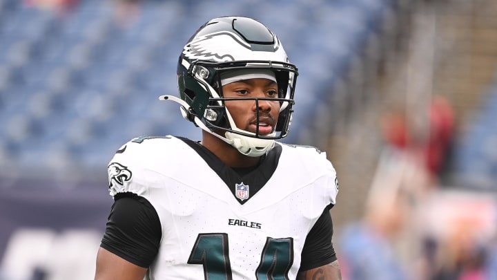 Aug 15, 2024; Foxborough, MA, USA; Philadelphia Eagles running back Kenneth Gainwell (14) warms up before a game against the New England Patriots at Gillette Stadium. 
