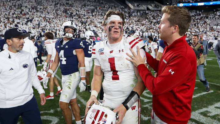 Sep 26, 2026; University Park, Pennsylvania, USA;  Wisconsin Badgers quarterback Colton Joseph (1) walks off the field following the game against the Penn State Nittany Lions at West Shore Home Field at Beaver Stadium.  Mandatory Credit: Matthew O'Haren-Imagn Images