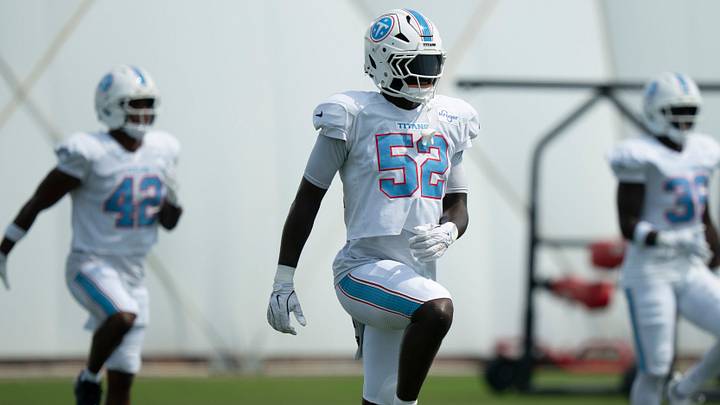Tennessee Titans linebacker James Williams Sr. (52) goes through warmups during training camp at Vanderbilt Health Football Center Thursday, Aug. 6, 2026. Tennessee Titans linebacker James Williams Sr. (52) goes through warmups during training camp at Vanderbilt Health Football Center Thursday, Aug. 6, 2026.