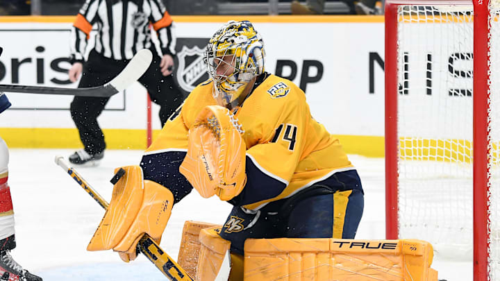 Jan 22, 2024; Nashville, Tennessee, USA; Nashville Predators goaltender Juuse Saros (74) makes a