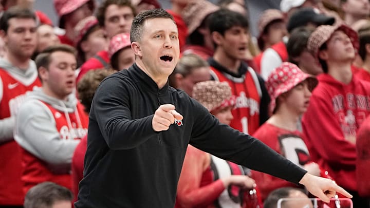 Feb 18, 2024; Columbus, Ohio, USA; Ohio State Buckeyes interim head coach Jake Diebler motions from