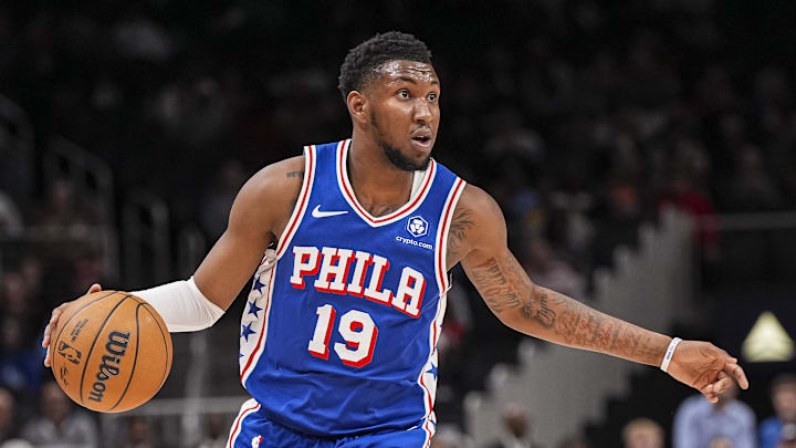 Mar 10, 2025; Atlanta, Georgia, USA; Philadelphia 76ers forward Justin Edwards (19) looks for a play against the Atlanta Hawks during the first half at State Farm Arena. Mandatory Credit: Dale Zanine-Imagn Images