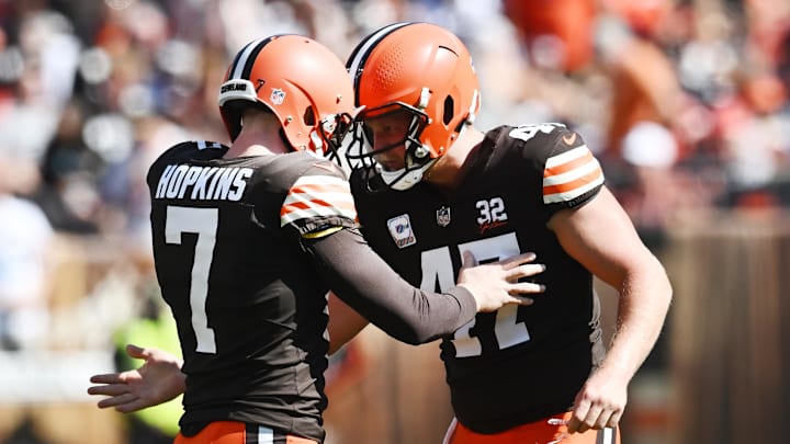 Oct 1, 2023; Cleveland, Ohio, USA; Cleveland Browns place kicker Dustin Hopkins (7) and long snapper Charley Hughlett (47) celebrate after Hopkins kicked a field goal during the first half against the Baltimore Ravens at Cleveland Browns Stadium. Mandatory Credit: Ken Blaze-Imagn Images
Oct 1, 2023; Cleveland, Ohio, USA; Cleveland Browns place kicker Dustin Hopkins (7) and long snapper Charley Hughlett (47) celebrate after Hopkins kicked a field goal during the first half against the Baltimore Ravens at Cleveland Browns Stadium. Mandatory Credit: Ken Blaze-Imagn Images