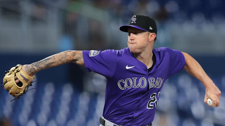 Jun 4, 2025; Miami, Florida, USA; Colorado Rockies starting pitcher Kyle Freeland (21) delivers a pitch against the Miami Marlins during the first inning at loanDepot Park. Mandatory Credit: Sam Navarro-Imagn Images