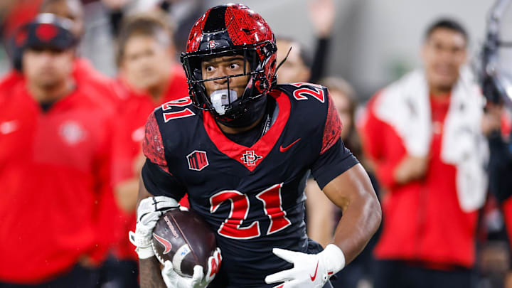 Oct 3, 2025; San Diego, California, USA; San Diego State Aztecs running back Byron Cardwell Jr. (21).