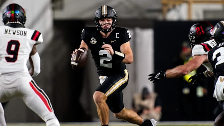 Vanderbilt quarterback Diego Pavia (2) looks to pass against Ball State during the second quarter at FirstBank Stadium in Nashville, Tenn., Saturday, Oct. 19, 2024.