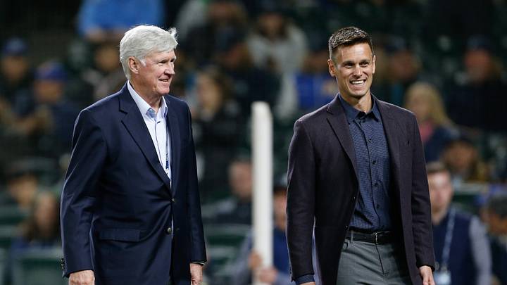 Apr 13, 2018; Seattle, WA, USA; Seattle Mariners chief executive officer John Stanton (left) and general manager Jerry Dipoto before the start of a game against the Oakland Athletics at Safeco Field. Mandatory Credit: Jennifer Buchanan-USA TODAY Sports Apr 13, 2018; Seattle, WA, USA; Seattle Mariners chief executive officer John Stanton (left) and general manager Jerry Dipoto before the start of a game against the Oakland Athletics at Safeco Field. Mandatory Credit: Jennifer Buchanan-USA TODAY Sports