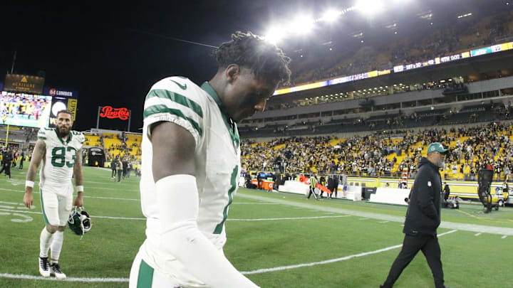 Oct 20, 2024; Pittsburgh, Pennsylvania, USA;  New York Jets cornerback Sauce Gardner (1) reacts as he leaves the field after playing the Pittsburgh Steelers at Acrisure Stadium. Mandatory Credit: Charles LeClaire-Imagn Images
