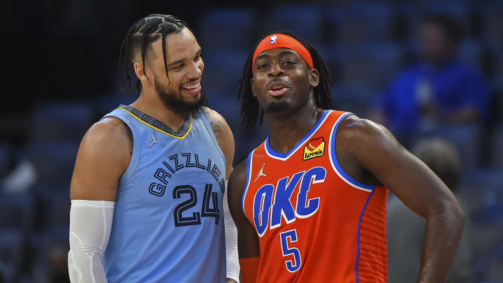 Dec 2, 2021; Memphis, Tennessee, USA; Memphis Grizzlies forward Dillon Brooks (24) and Oklahoma City Thunder forward Luguentz Dort (5) during the second half at FedExForum. Mandatory Credit: Justin Ford-USA TODAY Sports Dec 2, 2021; Memphis, Tennessee, USA; Memphis Grizzlies forward Dillon Brooks (24) and Oklahoma City Thunder forward Luguentz Dort (5) during the second half at FedExForum. Mandatory Credit: Justin Ford-USA TODAY Sports