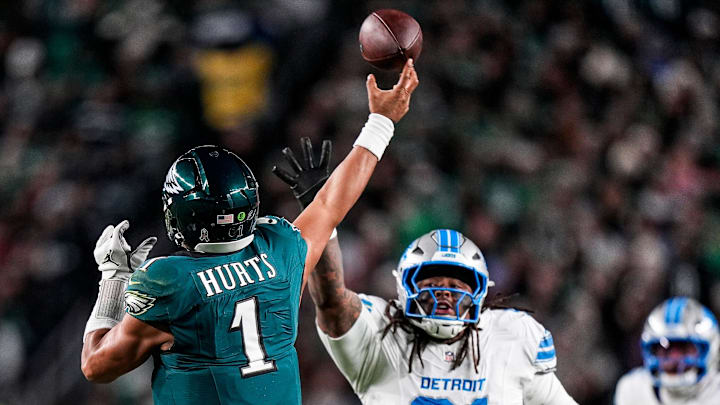 Detroit Lions defensive tackle Tyleik Williams (91) tries blocks a pass from Philadelphia Eagles quarterback Jalen Hurts (1) during the second half at Lincoln Financial Field in Philadelphia on Sunday, November 16, 2025.