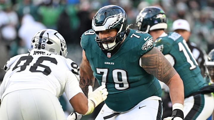 Dec 14, 2025; Philadelphia, Pennsylvania, USA; Philadelphia Eagles offensive tackle Matt Pryor (79) against the Las Vegas Raiders at Lincoln Financial Field. 