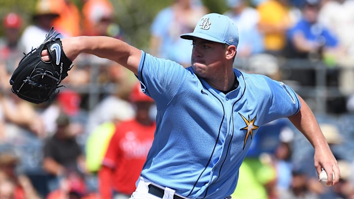 Mar 12, 2020; Port Charlotte, Florida, USA; Tampa Bay Rays starting pitcher Brendan McKay (49) Mar 12, 2020; Port Charlotte, Florida, USA; Tampa Bay Rays starting pitcher Brendan McKay (49)