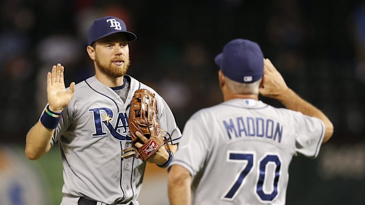 Aug 14, 2014; Arlington, TX, USA; Tampa Bay Rays right fielder Ben Zobrist (18) celebrates a victory with manager Joe Maddon (70) against the Texas Rangers at Globe Life Park in Arlington.