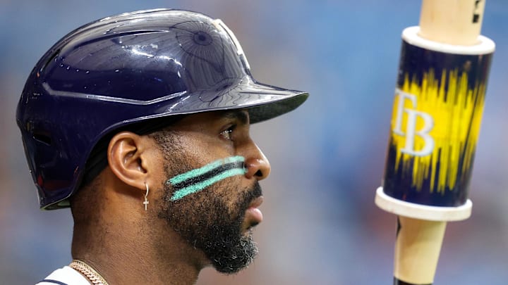 Tampa Bay Rays first baseman Yandy Diaz (2) waits in the on deck circle against the Minnesota Twins in the ninth inning at Tropicana Field in 2024.