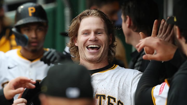 Apr 5, 2025; Pittsburgh, Pennsylvania, USA; Pittsburgh Pirates left fielder Jack Suwinski (65) celebrates with teammates in the dugout after scoring a run against the New York Yankees during the fourth inning at PNC Park. Mandatory Credit: Charles LeClaire-Imagn Images Apr 5, 2025; Pittsburgh, Pennsylvania, USA; Pittsburgh Pirates left fielder Jack Suwinski (65) celebrates with teammates in the dugout after scoring a run against the New York Yankees during the fourth inning at PNC Park. Mandatory Credit: Charles LeClaire-Imagn Images
