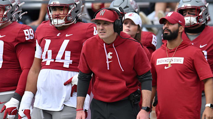 Oct 19, 2024; Pullman, Washington, USA; Washington State Cougars head coach Jake Dickert looks on during a Hawaii Warriors field goal attempt during the first half at Gesa Field at Martin Stadium. Mandatory Credit: James Snook-Imagn Images