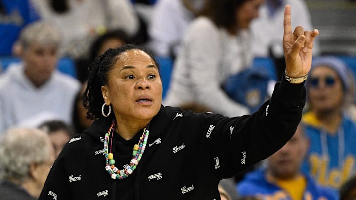Nov 24, 2024; Los Angeles, California, USA; South Carolina Gamecocks head coach Dawn Staley during the first quarter against the UCLA Bruins at Pauley Pavilion presented by Wescom. Mandatory Credit: Robert Hanashiro-Imagn Images