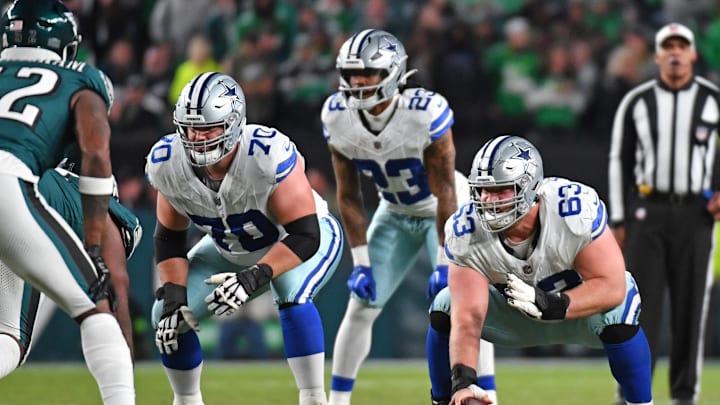 Nov 5, 2023; Philadelphia, Pennsylvania, USA; Dallas Cowboys guard Zack Martin (70) and center Tyler