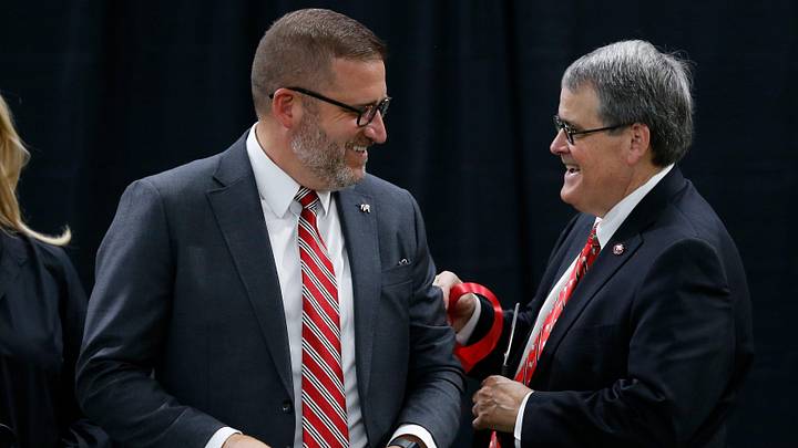UGA Director of Athletics Josh Brooks and UGA President Jere W. Morehead celebrate after cutting the ribbon on the new Butts-Mehre Heritage Hall expansion and renovation in Athens, Ga., on Tuesday, May 17, 2022. UGA Director of Athletics Josh Brooks and UGA President Jere W. Morehead celebrate after cutting the ribbon on the new Butts-Mehre Heritage Hall expansion and renovation in Athens, Ga., on Tuesday, May 17, 2022.