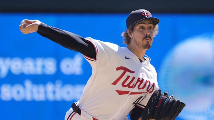 May 3, 2026; Minneapolis, Minnesota, USA; Minnesota Twins starting pitcher Joe Ryan (41) throws to the Toronto Blue Jays in the first inning at Target Field. Mandatory Credit: Bruce Kluckhohn-Imagn Images
