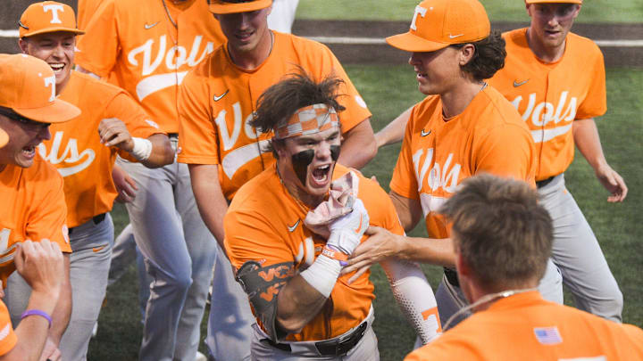 Tennessee   s Drew Gilbert runs home after hitting a three-run homer during the NCAA Baseball Tournament Knoxville Regional between the Tennessee Volunteers and Campbell Fighting Camels held at Lindsey Nelson Stadium on Saturday, June 4, 2022.

Utvcampbell0604 0617