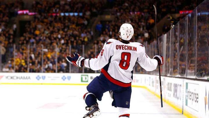 Oct 11, 2014; Boston, MA, USA; Washington Capitals left wing Alex Ovechkin (8) celebrates a goal against the Boston Bruins during the first period at TD Garden. Mandatory Credit: Winslow Townson-USA TODAY Sports Oct 11, 2014; Boston, MA, USA; Washington Capitals left wing Alex Ovechkin (8) celebrates a goal against the Boston Bruins during the first period at TD Garden. Mandatory Credit: Winslow Townson-USA TODAY Sports