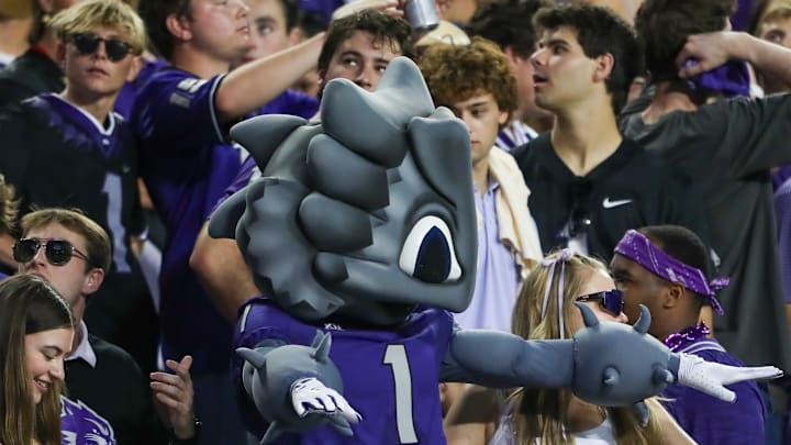 Super Frog celebrates with the TCU students during the game with ACU on September 13, 2025. Super Frog celebrates with the TCU students during the game with ACU on September 13, 2025.