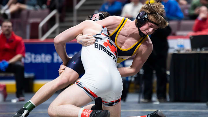 Littlestown's Cameron Mingee (rear) wrestles Bishop McCort's Bo Bassett in the 139-pound championship bout at the PIAA Class 2A Wrestling Championships at the Giant Center on March 9, 2024, in Hershey.