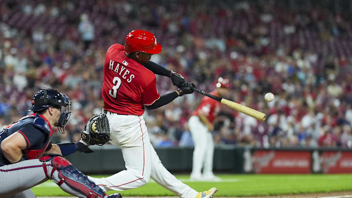 Jul 31, 2025; Cincinnati, OH, USA; Cincinnati Reds third baseman Ke'Bryan Hayes (3) hits a three-run home run against the Atlanta Braves in the eighth inning at Great American Ball Park. Mandatory Credit: Aaron Doster-Imagn Images Jul 31, 2025; Cincinnati, OH, USA; Cincinnati Reds third baseman Ke'Bryan Hayes (3) hits a three-run home run against the Atlanta Braves in the eighth inning at Great American Ball Park. Mandatory Credit: Aaron Doster-Imagn Images