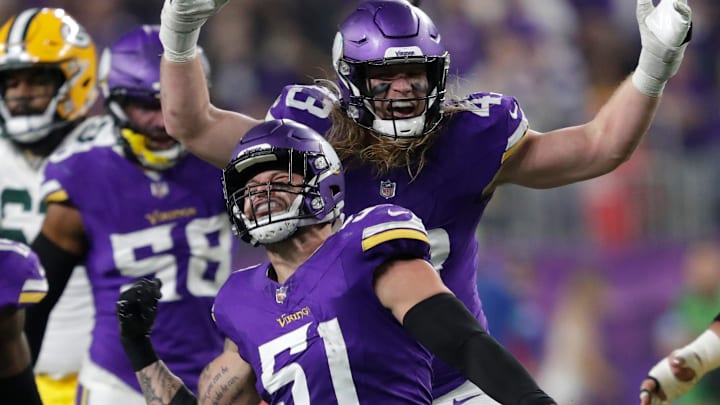 Minnesota Vikings linebacker Blake Cashman (51) celebrates sacking Green Bay Packers quarterback Jordan Love (10) in the fourth quarter during their football game Sunday, December 29, 2024, at U.S. Bank Stadium in Minneapolis, Minnesota. Minnesota Vikings linebacker Blake Cashman (51) celebrates sacking Green Bay Packers quarterback Jordan Love (10) in the fourth quarter during their football game Sunday, December 29, 2024, at U.S. Bank Stadium in Minneapolis, Minnesota.