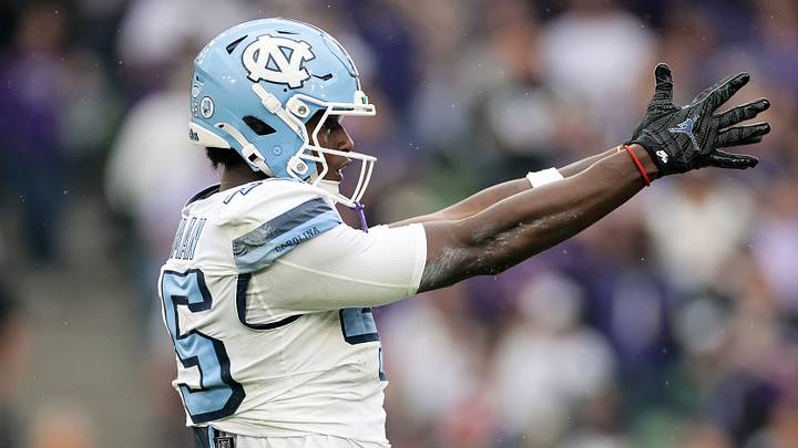 Aug 29, 2026; Dublin, Co. Dublin, IRL; North Carolina Tar Heels tight end Jelani Thurman (45) celebrates a first down against the TCU Horned Frogs in the first half at Aviva Stadium. Mandatory Credit: Laszlo Geczo-Imagn Images