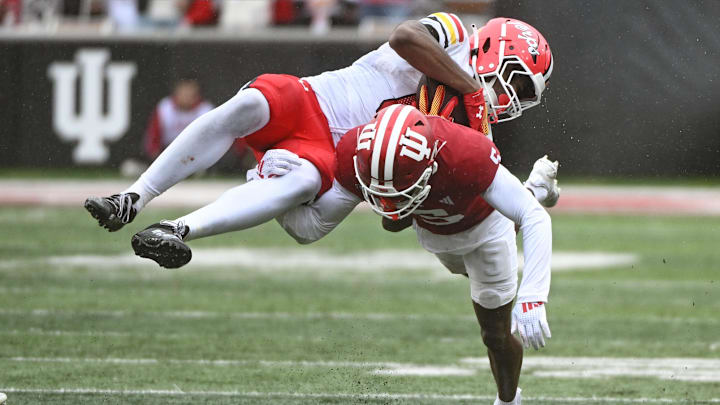 Indiana Hoosiers defensive back D'Angelo Ponds (5) tackles Maryland Terrapins tight end Dylan Wade (0) during the second half at Memorial Stadium. Indiana Hoosiers defensive back D'Angelo Ponds (5) tackles Maryland Terrapins tight end Dylan Wade (0) during the second half at Memorial Stadium.