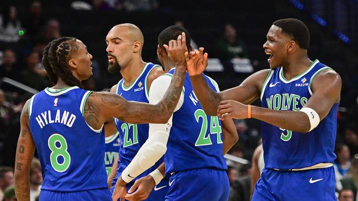 Oct 5, 2026; Milwaukee, Wisconsin, USA; Minnesota Timberwolves guard Anthony Edwards (5) celebrates with guard Bones Hyland (8) after scoring a basket in the second quarter against the Milwaukee Bucks at Fiserv Forum. Mandatory Credit: Benny Sieu-Imagn Images Oct 5, 2026; Milwaukee, Wisconsin, USA; Minnesota Timberwolves guard Anthony Edwards (5) celebrates with guard Bones Hyland (8) after scoring a basket in the second quarter against the Milwaukee Bucks at Fiserv Forum. Mandatory Credit: Benny Sieu-Imagn Images