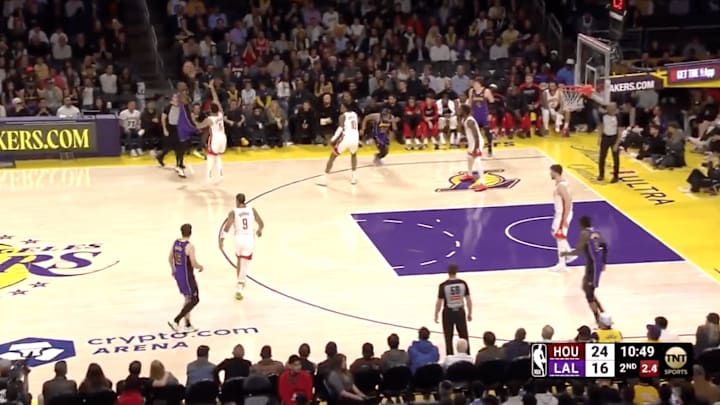 James hits a circus three-pointer against the Houston Rockets