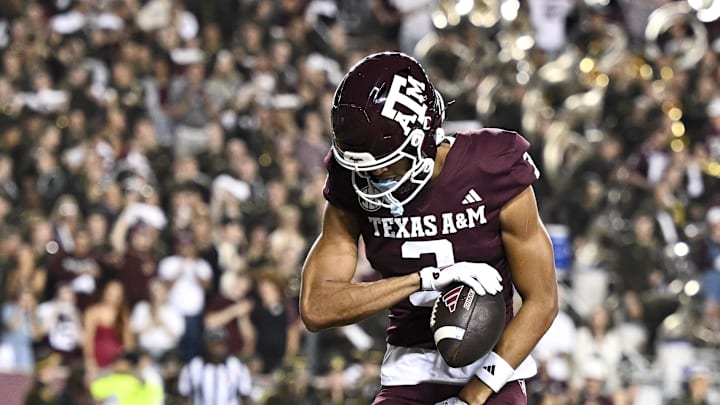 Nov 16, 2024; College Station, Texas, USA; Texas A&M Aggies wide receiver Noah Thomas (3) reacts after scoring a touchdown during the first quarter against the New Mexico State Aggies at Kyle Field. Mandatory Credit: Maria Lysaker-Imagn Images 