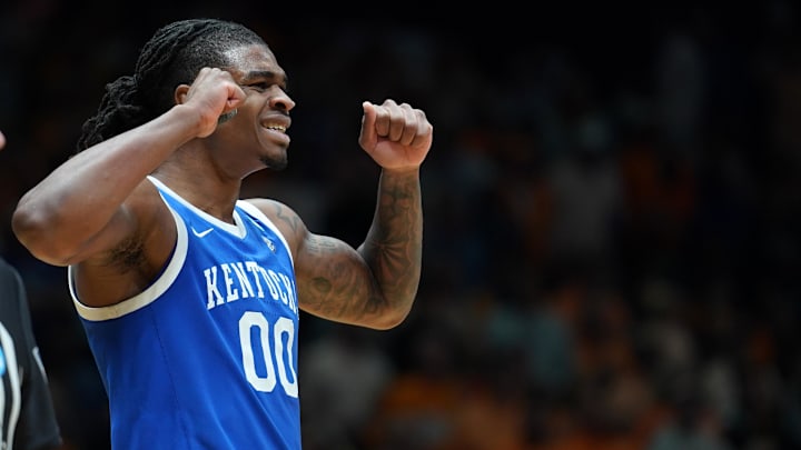 Mar 28, 2025; Indianapolis, IN, USA; Kentucky Wildcats guard Otega Oweh (00) reacts against the Tennessee Volunteers in the second half during a Midwest Regional semifinal of the 2025 NCAA tournament at Lucas Oil Stadium. Mandatory Credit: Robert Goddin-Imagn Images