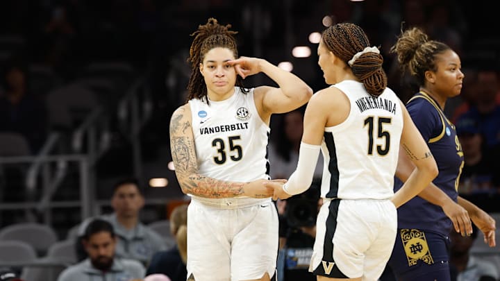 Mar 27, 2026; Fort Worth, TX, USA;  Vanderbilt Commodores forward Sacha Washington (35) reacts after scoring a basket against the Notre Dame Fighting Irish during the first half at Dickies Arena. Mandatory Credit: Chris Jones-Imagn Images