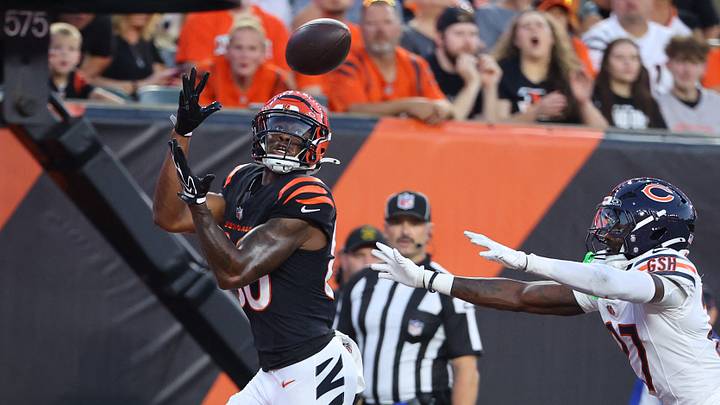 Aug 22, 2026; Cincinnati, Ohio, USA;  Cincinnati Bengals wide receiver Colbie Young (86) catches a touchdown pass over Chicago Bears cornerback Dontae Manning (27) during the second quarter at Paycor Stadium.  Mandatory Credit: Joseph Maiorana-Imagn Images
