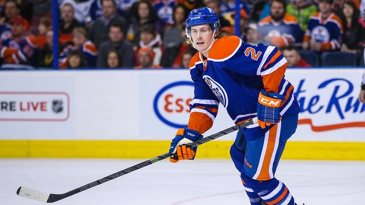 Nov 1, 2014; Edmonton, Alberta, CAN; Edmonton Oilers defenseman Jeff Petry (2) skates against the Vancouver Canucks during the first period at Rexall Place. Vancouver Canucks won 3-2. Mandatory Credit: Sergei Belski-Imagn Images