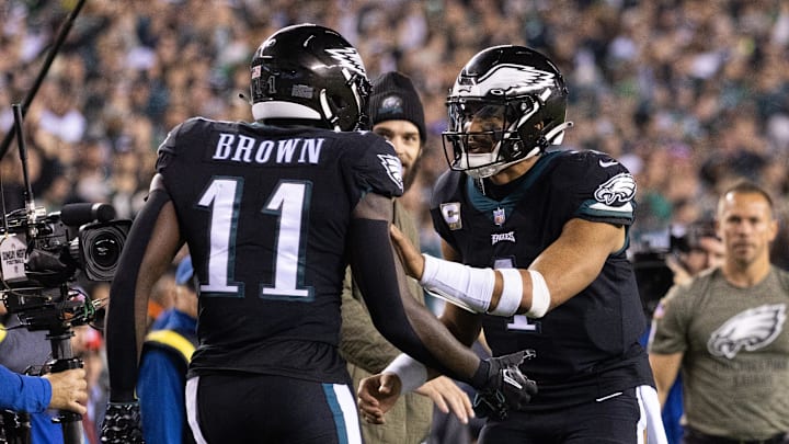 Nov 27, 2022; Philadelphia, Pennsylvania, USA; Philadelphia Eagles quarterback Jalen Hurts (1) and