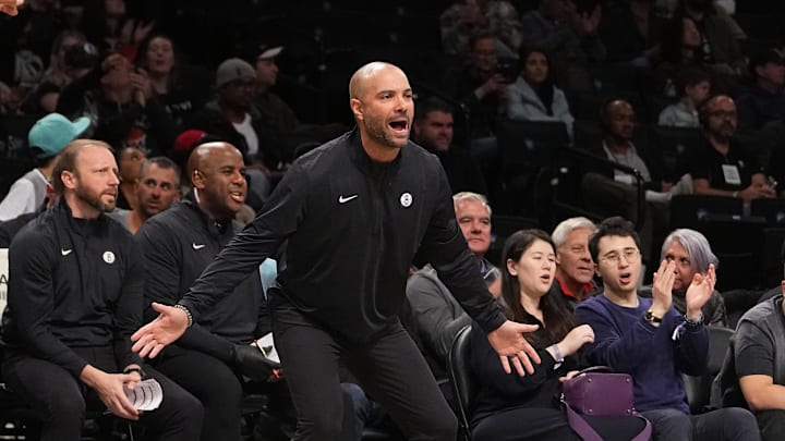 Oct 14, 2024; Brooklyn, New York, USA; Brooklyn Nets head coach Jordi Fernandez reacts to a play on the court against the Washington Wizards during the first half at Barclays Center. Mandatory Credit: Gregory Fisher-Imagn Images