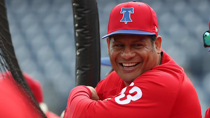 Mar 1, 2018; Clearwater, FL, USA; Philadelphia Phillies guest instructor Bobby Abreu (53) works out prior to the game at Spectrum Field.