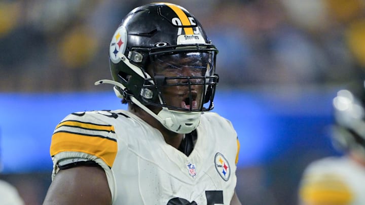 Nov 9, 2025; Inglewood, California, USA; Pittsburgh Steelers defensive tackle Keeanu Benton (95) celebrates after a sack against the Pittsburgh Steelers during the second quarter of the game at SoFi Stadium. Mandatory Credit: Jayne Kamin-Oncea-Imagn Images