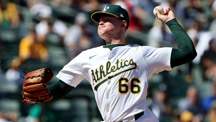 Sep 14, 2025; West Sacramento, California, USA; Athletics pitcher Brady Basso (66) throws a pitch against the Cincinnati Reds during the sixth inning at Sutter Health Park. Mandatory Credit: Dennis Lee-Imagn Images Sep 14, 2025; West Sacramento, California, USA; Athletics pitcher Brady Basso (66) throws a pitch against the Cincinnati Reds during the sixth inning at Sutter Health Park. Mandatory Credit: Dennis Lee-Imagn Images