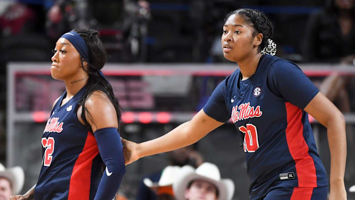 Ole Miss Rebels forward Cotie McMahon (32) celebrates with Ole Miss Rebels center J'adore Young (10) after scoring Saturday, March 7, 2026, during the SEC Women's Basketball Tournament semifinals game against the Texas Longhorns at Bon Secours Wellness Arena in Greenville, South Carolina. Ole Miss Rebels forward Cotie McMahon (32) celebrates with Ole Miss Rebels center J'adore Young (10) after scoring Saturday, March 7, 2026, during the SEC Women's Basketball Tournament semifinals game against the Texas Longhorns at Bon Secours Wellness Arena in Greenville, South Carolina.